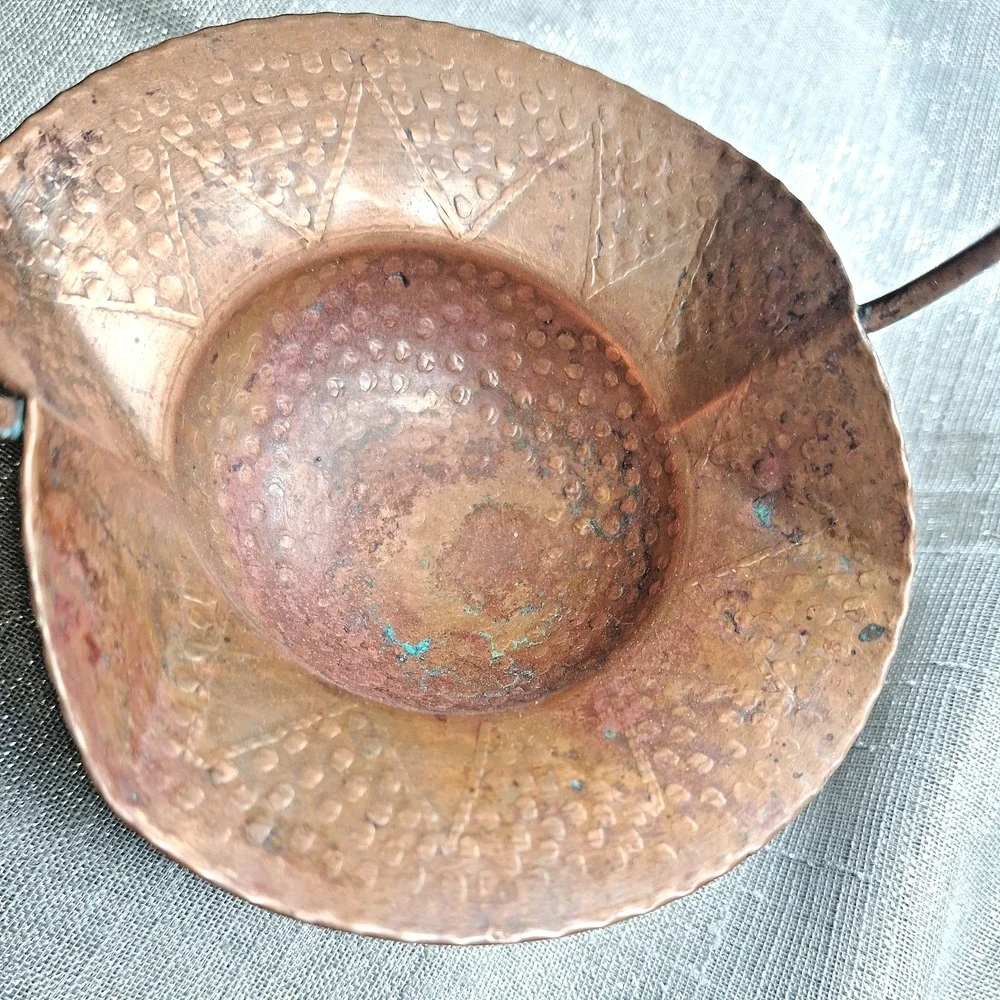 2 Mini Vintage Hammered Copper Basket & Metal Weave Handles Metalware Decor MCM